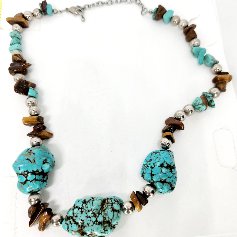Vintage Turquoise Chunky Stone Nugget & Tigers Eye Necklace Southwest Boho
